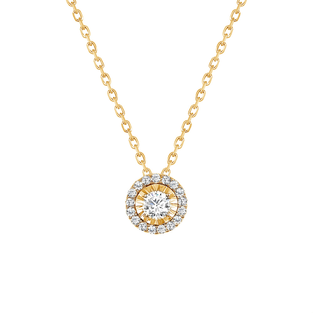 yellow gold round halo diamond necklace