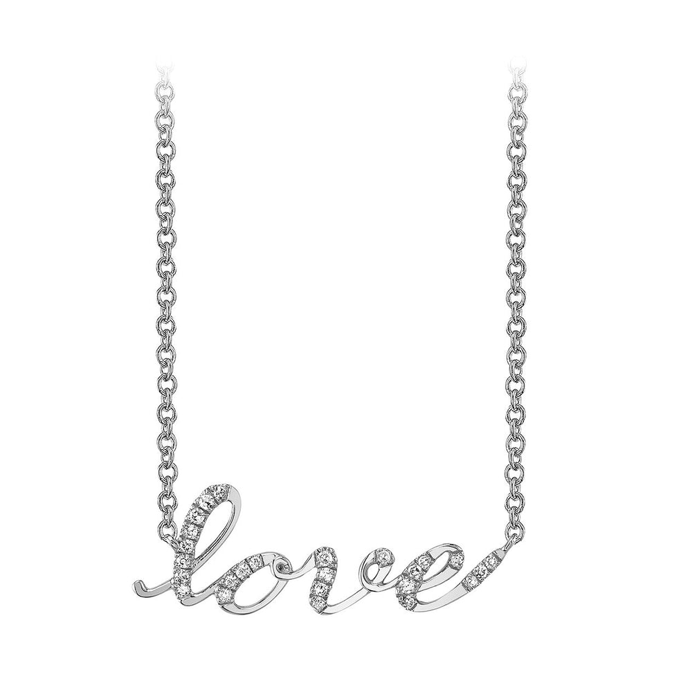 14k white gold love script diamond necklace