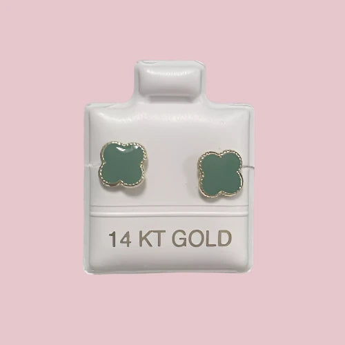 14K Small Yellow Gold Four Leaf Flower Stud Earrings With Safety Backing