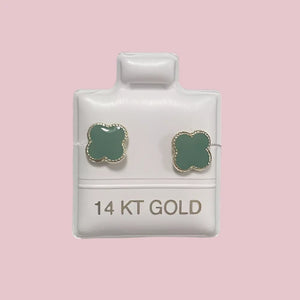 14K Small Yellow Gold Four Leaf Flower Stud Earrings With Safety Backing