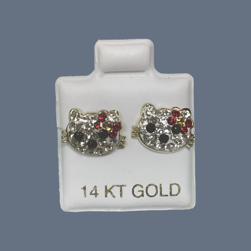 Kitty Cat Stud Earrings 14K Solid Yellow Gold With Safety Backing