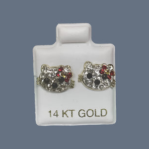 Kitty Cat Stud Earrings 14K Solid Yellow Gold With Safety Backing