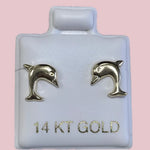 Dolphin Stud Earrings 14K Solid Yellow Gold With Safety Backing