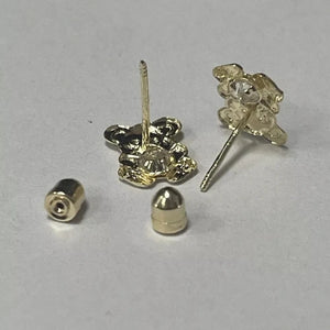 Teddy Bear Stud Earrings 14K Solid Yellow Gold With Safety Backing