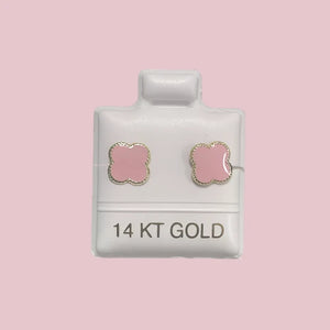 14K Small Yellow Gold Four Leaf Flower Stud Earrings With Safety Backing