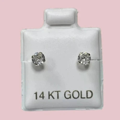 Round Cut Stud Earrings 14K Solid Yellow Gold 4MM 4 Prong With Safety Backing