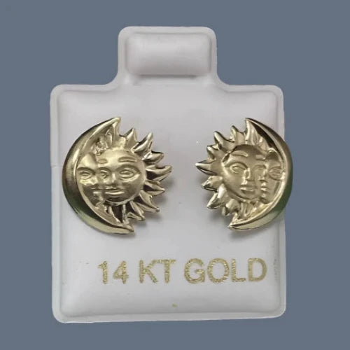 Sun And Moon Stud Earrings 14K Solid Yellow Gold With Safety Backing