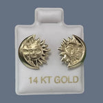 Sun And Moon Stud Earrings 14K Solid Yellow Gold With Safety Backing