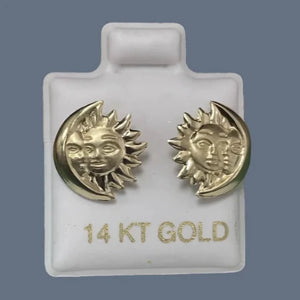 Sun And Moon Stud Earrings 14K Solid Yellow Gold With Safety Backing