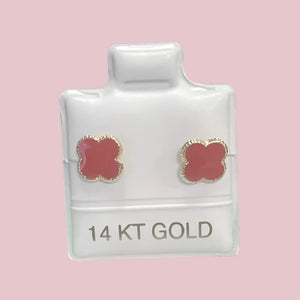 14K Small Yellow Gold Four Leaf Flower Stud Earrings With Safety Backing