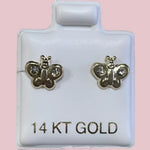 14K Solid Yellow Gold Butterfly Stud Earrings With Safety Backing