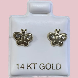 14K Solid Yellow Gold Butterfly Stud Earrings With Safety Backing