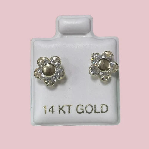 Flower Stud Earrings 14K Solid Yellow Gold With Safety Backing