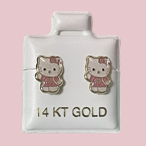 Kitty Cat Stud Earrings 14K Solid Yellow Gold With Safety Backing