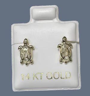 Turtle Stud Earrings 14K Solid Yellow Gold With Safety Backing