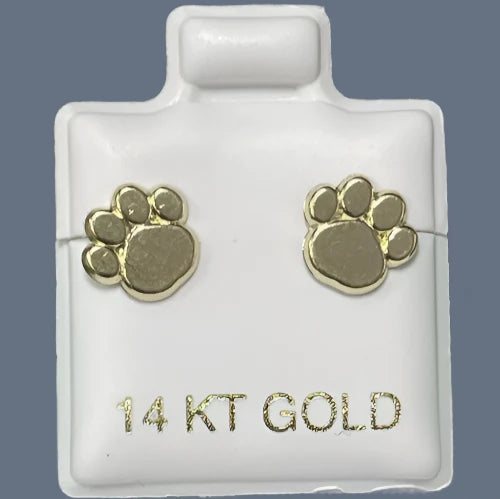Dog Puppy Paw Print Stud Earrings 14K Solid Yellow Gold With Safety Backing