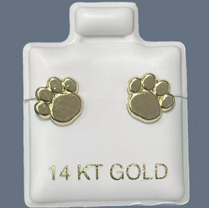Dog Puppy Paw Print Stud Earrings 14K Solid Yellow Gold With Safety Backing