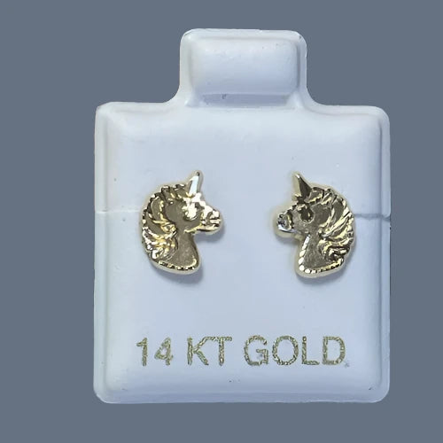 14K Solid Yellow Gold Unicorn Stud Earrings With Safety Backing