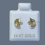 14K Solid Yellow Gold Unicorn Stud Earrings With Safety Backing