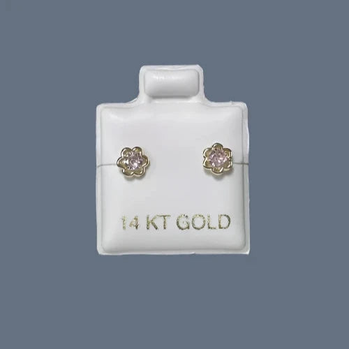 Small Flower Stud Earrings 14K Solid Yellow Gold With Safety Backing