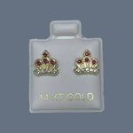 14K Solid Yellow Gold Crown Stud Earrings With Safety Backing
