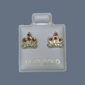 14K Solid Yellow Gold Crown Stud Earrings With Safety Backing