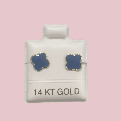 14K Small Yellow Gold Four Leaf Flower Stud Earrings With Safety Backing