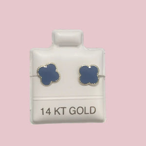 14K Small Yellow Gold Four Leaf Flower Stud Earrings With Safety Backing