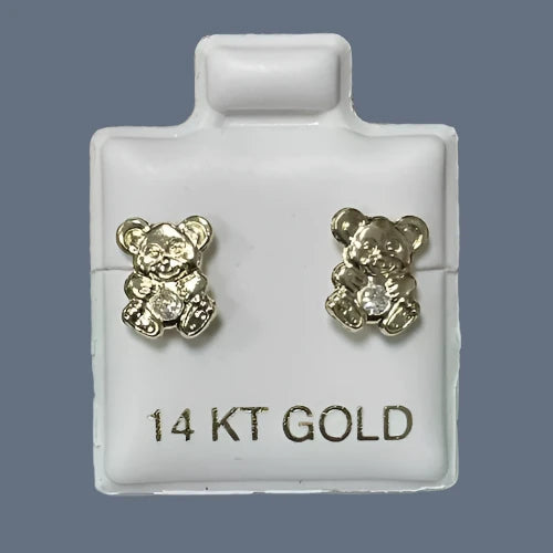 Teddy Bear Stud Earrings 14K Solid Yellow Gold With Safety Backing