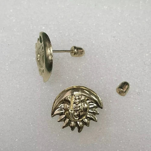 Sun And Moon Stud Earrings 14K Solid Yellow Gold With Safety Backing