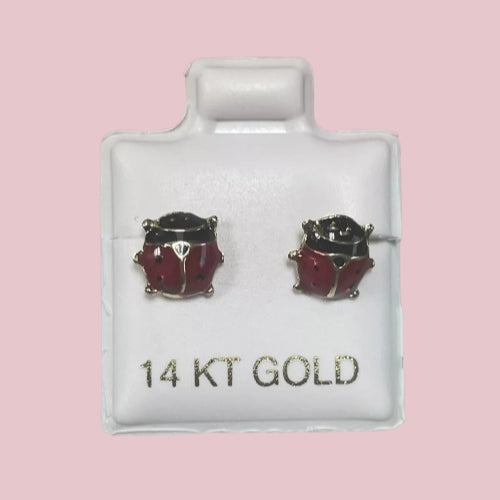 Red Ladybug Stud Earrings 14K Solid Yellow Gold With Safety Backing