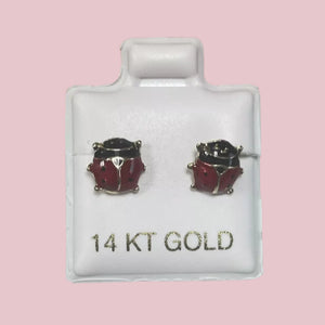 Red Ladybug Stud Earrings 14K Solid Yellow Gold With Safety Backing