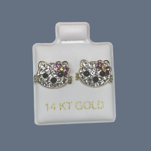 Kitty Cat Stud Earrings 14K Solid Yellow Gold With Safety Backing