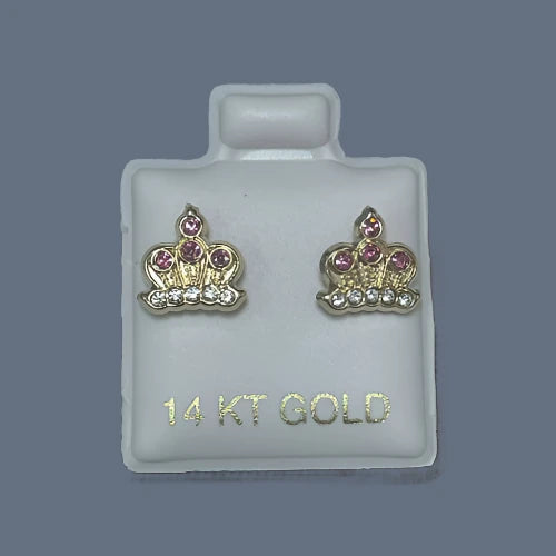 14K Solid Yellow Gold Crown Stud Earrings With Safety Backing