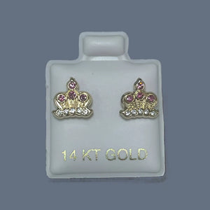 14K Solid Yellow Gold Crown Stud Earrings With Safety Backing