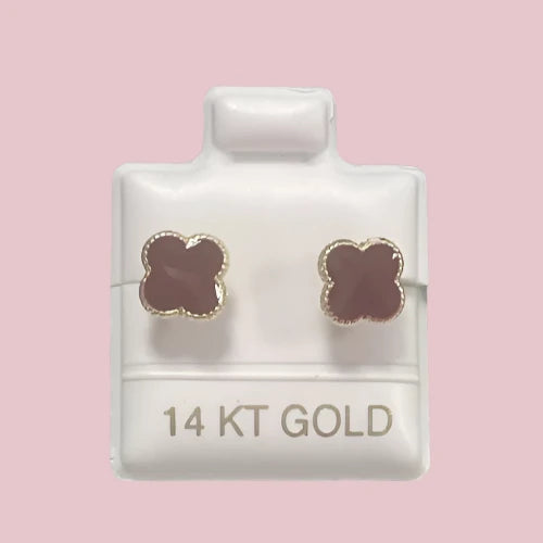 14K Small Yellow Gold Four Leaf Flower Stud Earrings With Safety Backing