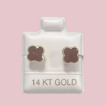 14K Small Yellow Gold Four Leaf Flower Stud Earrings With Safety Backing