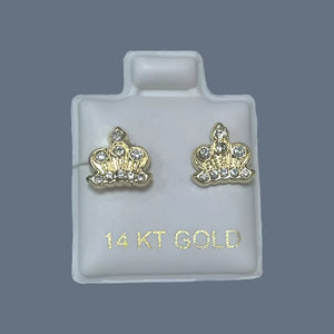 14K Solid Yellow Gold Crown Stud Earrings With Safety Backing