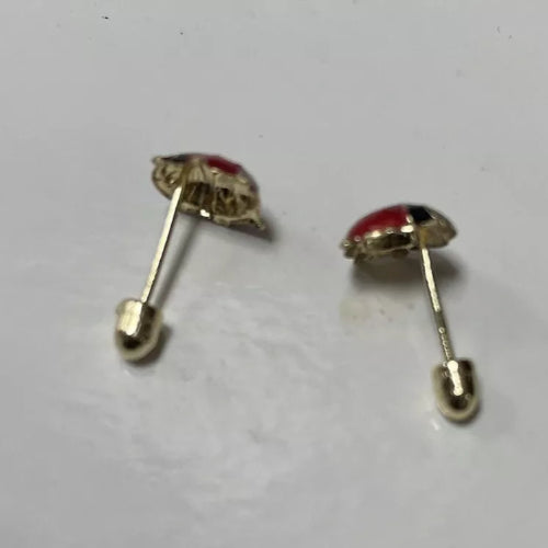 Red Ladybug Stud Earrings 14K Solid Yellow Gold With Safety Backing