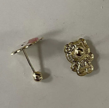 Kitty Cat Stud Earrings 14K Solid Yellow Gold With Safety Backing