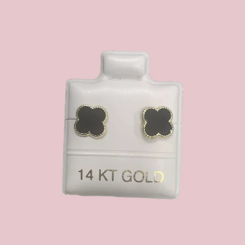 14K Small Yellow Gold Four Leaf Flower Stud Earrings With Safety Backing