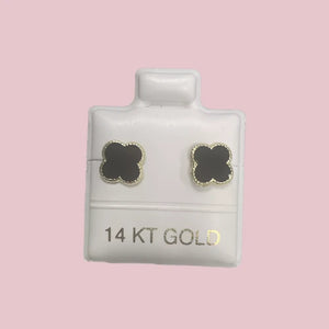14K Small Yellow Gold Four Leaf Flower Stud Earrings With Safety Backing