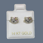 Kitty Cat Stud Earrings 14K Solid Yellow Gold With Safety Backing