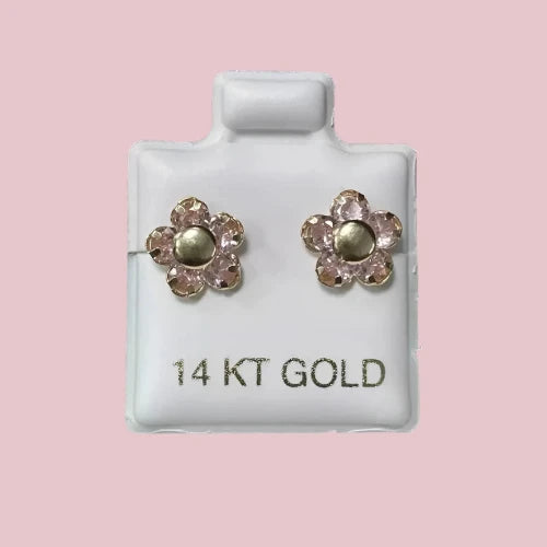 Flower Stud Earrings 14K Solid Yellow Gold With Safety Backing