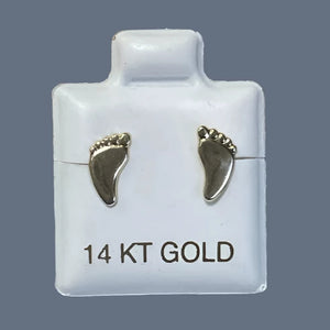 14K Solid Yellow Gold Feet Stud Earrings With Safety Backing