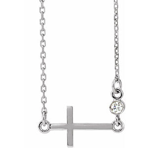14k white gold bezel diamond sideways cross necklace