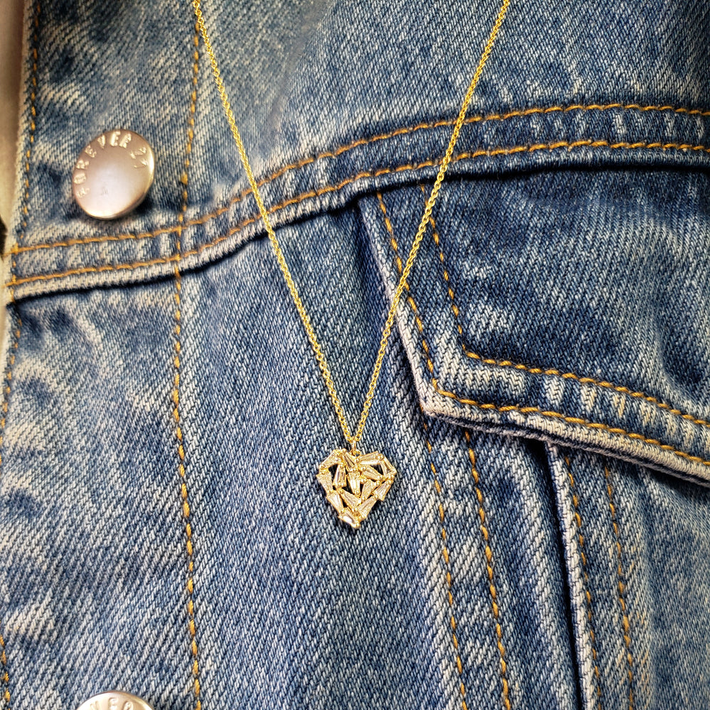 14k yellow gold shattered baguette diamond heart necklace