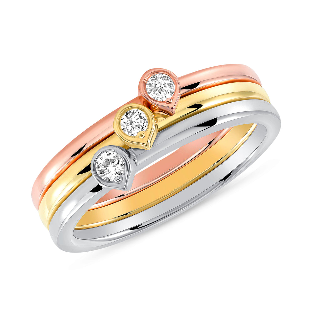 Set of three: Rose, Yellow and White Gold Bezel Diamond Tear Drop Ring