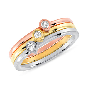 Set of three: Rose, Yellow and White Gold Bezel Diamond Tear Drop Ring