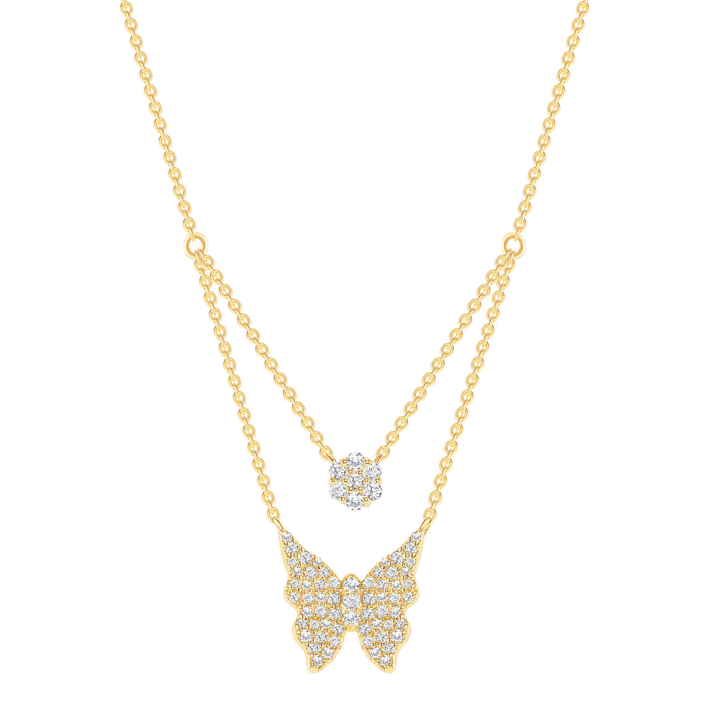 Yellow Gold Double Chain Butterfly Diamond Necklace